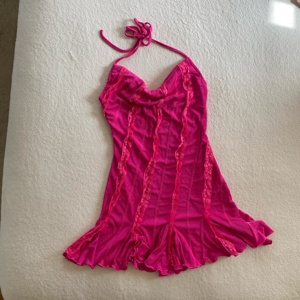 Pink Halter Dress with Lace Accents